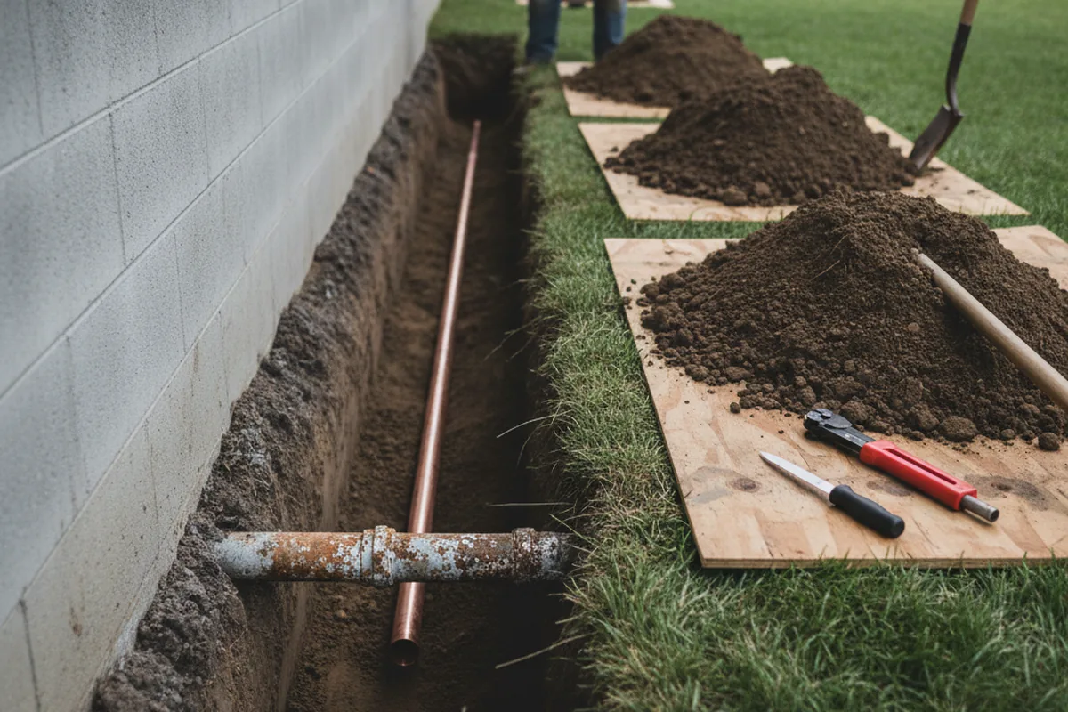 Excavated water line trench during Water Heater Repair in Blue Bell